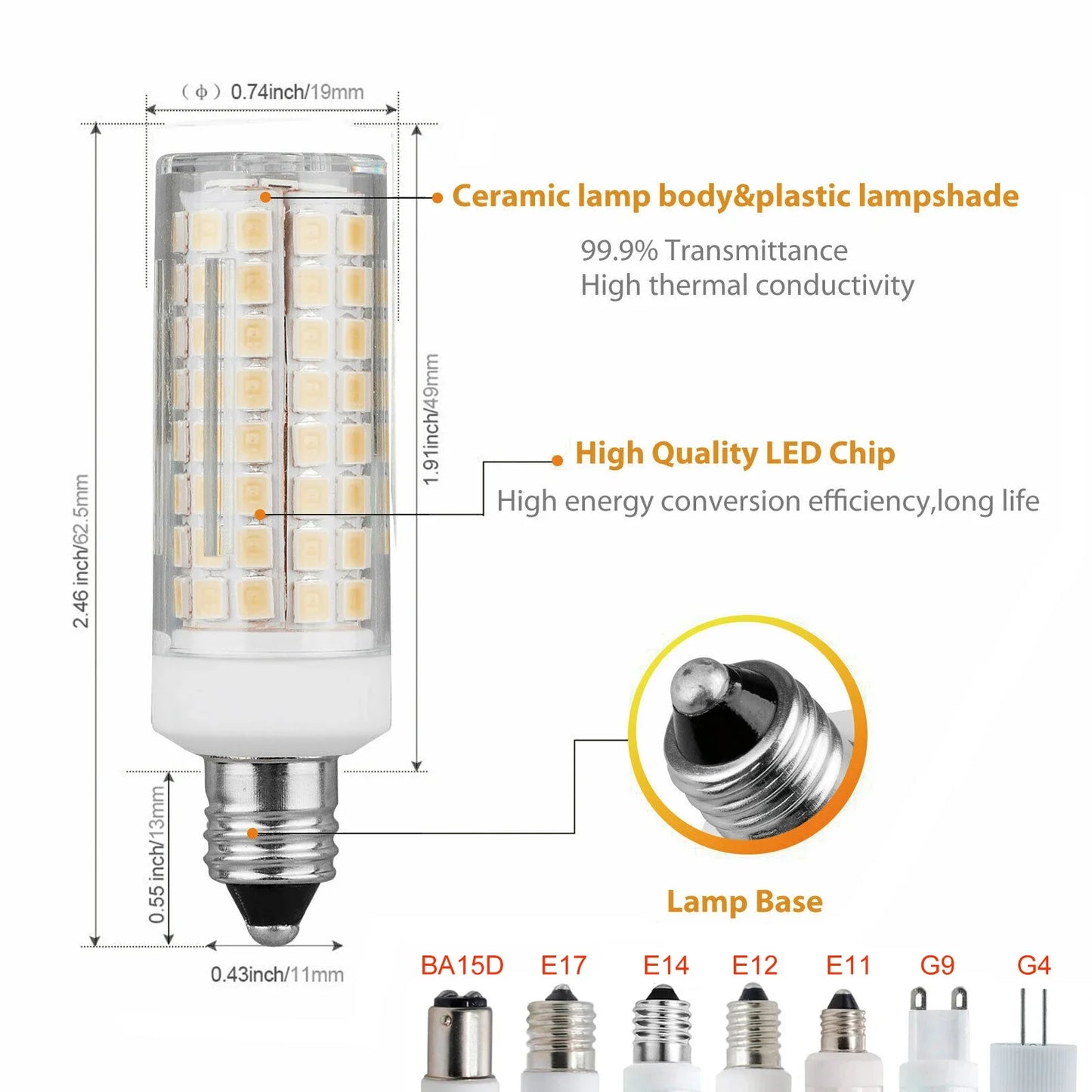 Dimmable LED Corn Light Bulbs – G4/G8/G9/E11/E12/E14/E17/BA15D/GY6.35, 102LEDs 10W-12W 2835 SMD, Cool & Warm White, 110V-220V