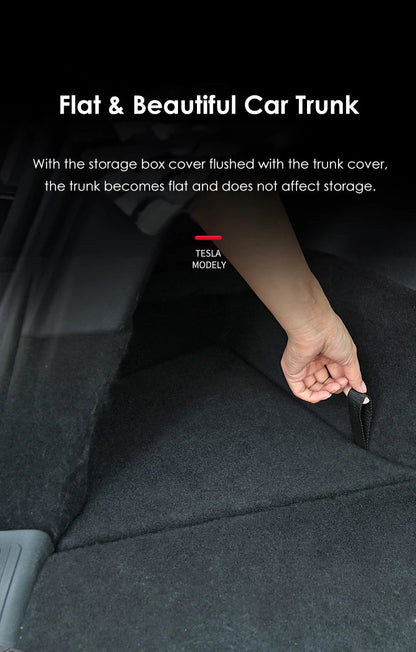 Futhope Car Trunk Side Storage Box for Tesla Model Y 2018-2024 – Hollow Cover Organizer with Flocking Mat & Partition Board