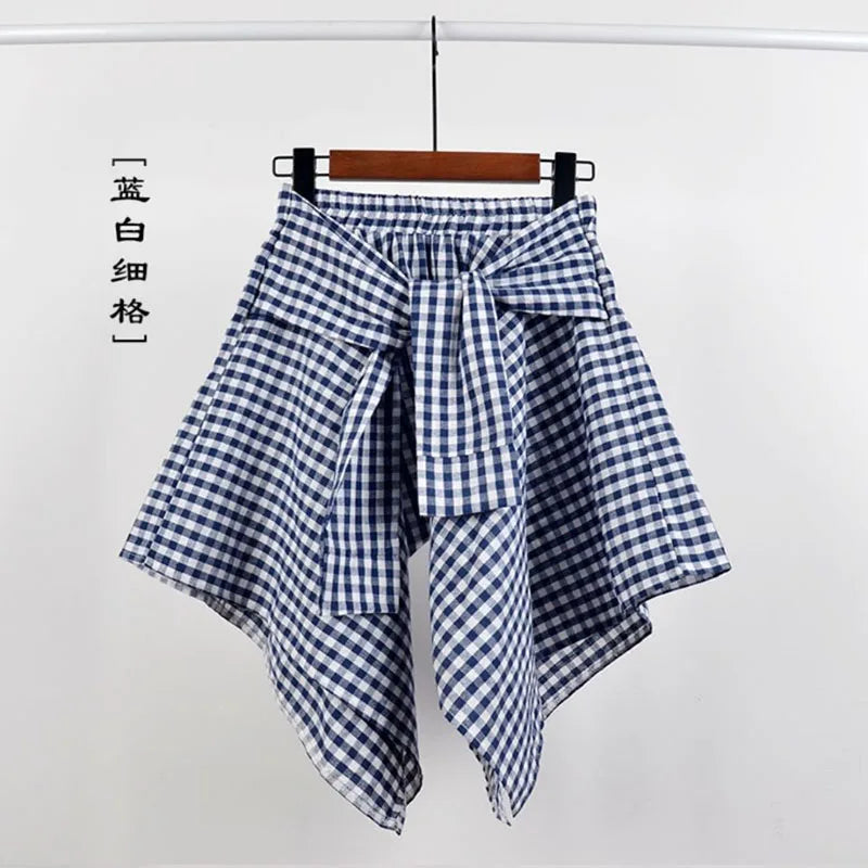 TOTRUST Women’s Fashion Asymmetrical Summer Plaid Mini Skirt – Casual College Style Fake Shirt Design