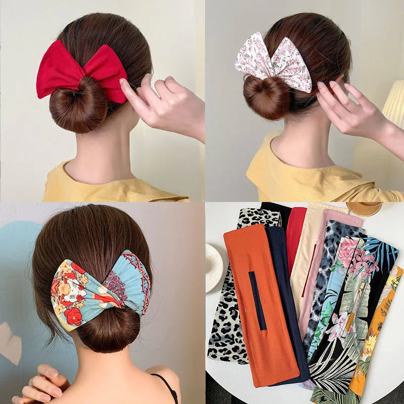 Deft Bun Hair Band for Women – Printed Bow Headband & Donut Bun Maker, DIY Hairstyle Twist & Ponytail Tool