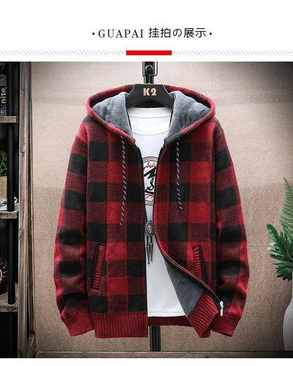 Men's Winter Plaid Hooded Cardigan – Warm Wool Fleece Zipper Jacket Knit Sweater Coat