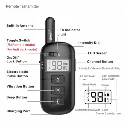 2-in-1 Remote Dog Training & Anti-Bark Collar Rechargeable Waterproof Electric Dog Behavior Control System 600M Range