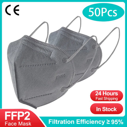 10-200pcs FFP2 KN95 Face Masks – 5-Layer Reusable Black Surgical Mask, Certified Protective Mascarillas