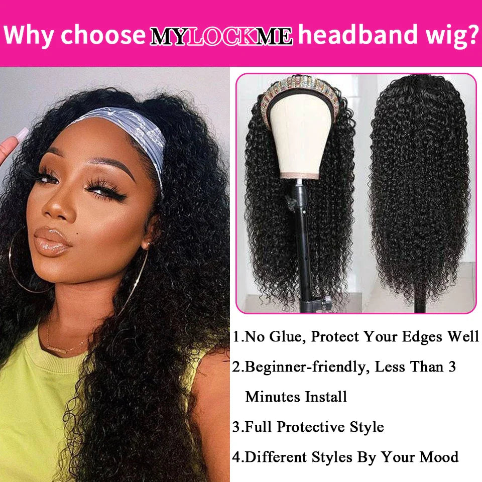 Headband Wig Human Hair - Kinky Curly MYLOCKME No Glue, Full Machine Made Brazilian Remy Hair for Women, 180% Density