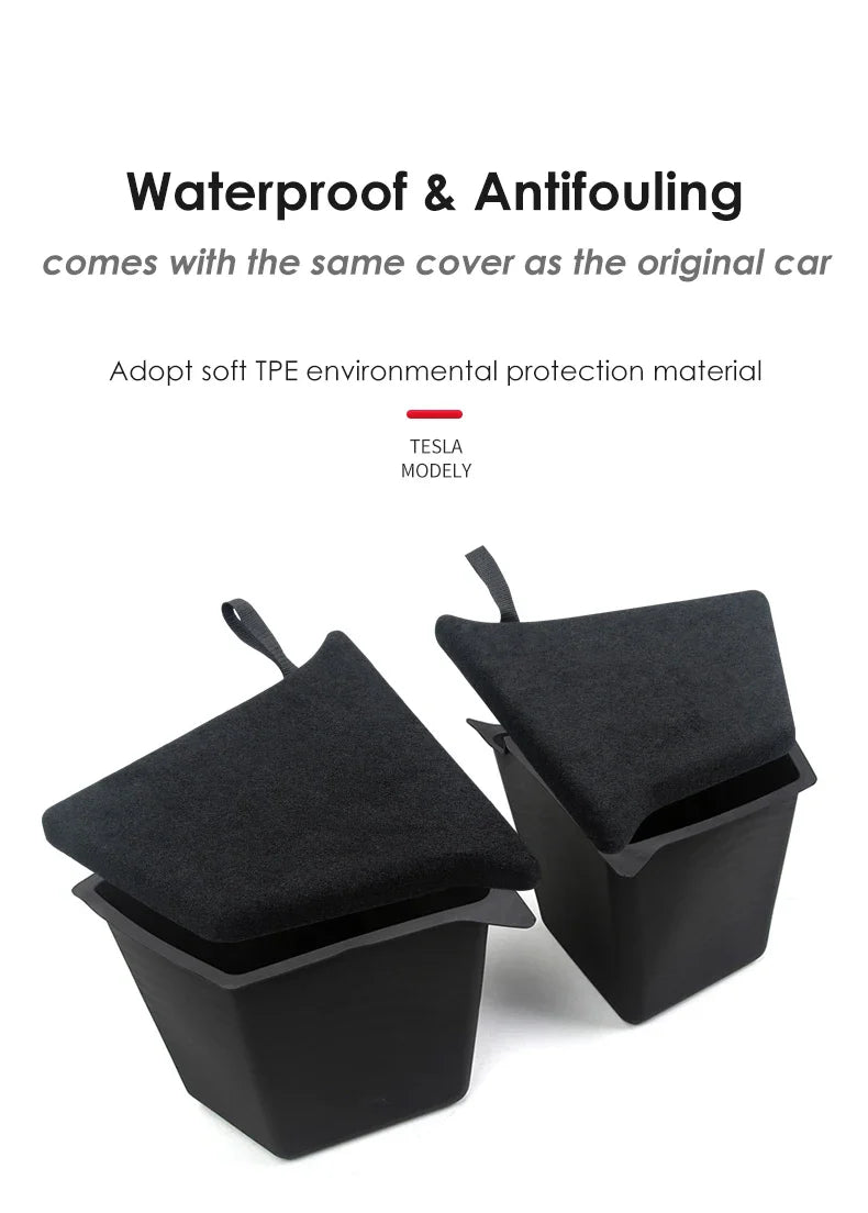 Futhope Car Trunk Side Storage Box for Tesla Model Y 2018-2024 – Hollow Cover Organizer with Flocking Mat & Partition Board