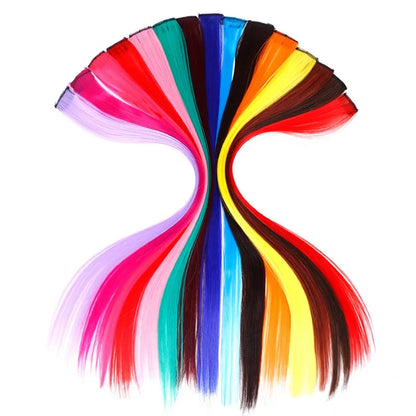 BUQI Straight Clip-In Colored Hair Extensions – Rainbow Synthetic Hair Streaks in Pink, Orange, White & Purple