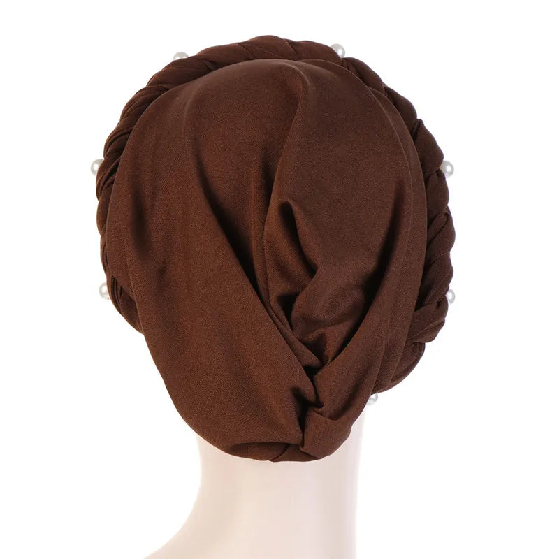 Women’s Cotton Head Scarf – Solid Turban Bonnet Hijab Cap with White Pearl Inner, Muslim Arab Wrap