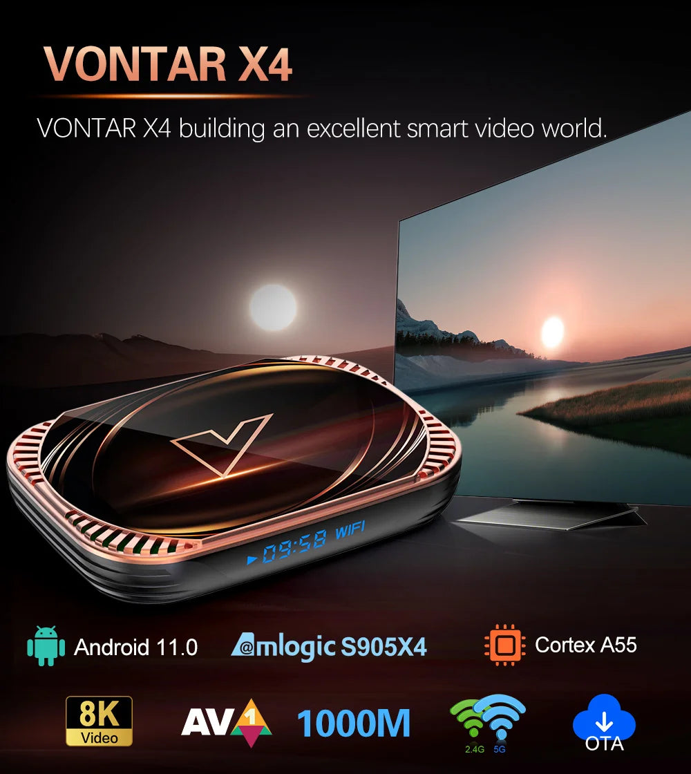 VONTAR X4 Amlogic S905X4 Smart TV Box – Android 11, 4GB RAM, 128GB/32GB/64GB Storage, 4K Media Player, Wifi, BT, AV1