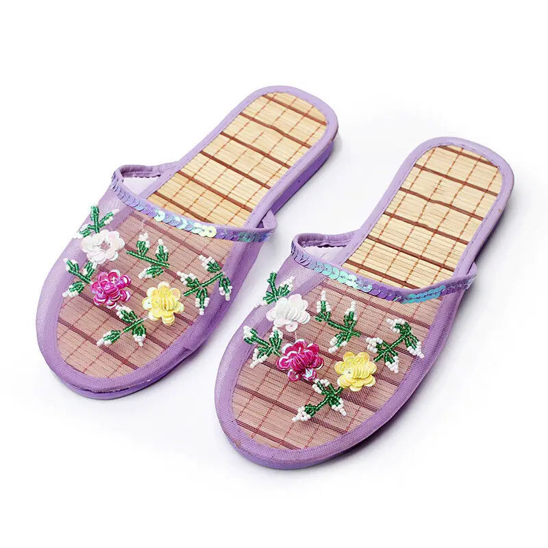 Women’s Sequin Mesh Indoor Slippers – Summer Hollow Flat Beach Flip Flops with Creative Flower Design