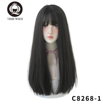 7JHHWIGS Long Straight Light Brown Synthetic Wig with Bangs – Heat-Resistant Daily Wear Wig for Women