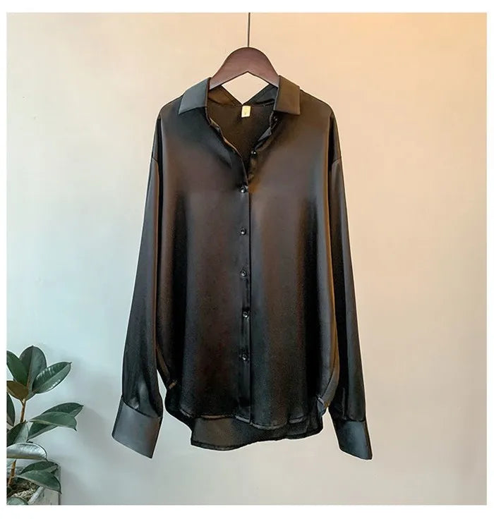 Elegant Satin Women’s Shirt — Loose Vintage Blouse with Turn-Down Collar for Spring & Autumn