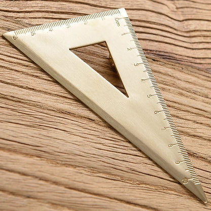 Vintage Brass Straight Ruler — Metal Triangle Protractor Measuring Tool for Students