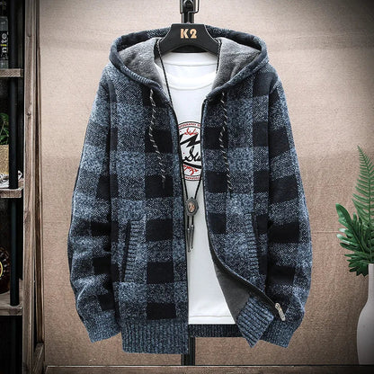 Men's Winter Plaid Hooded Cardigan – Warm Wool Fleece Zipper Jacket Knit Sweater Coat