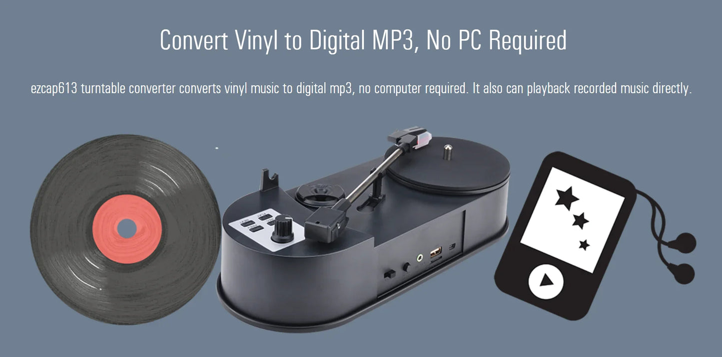 Portable 33/45RPM Phonograph Turntable — Vinyl to MP3 Converter with TF Card/USB & Built-in Speaker