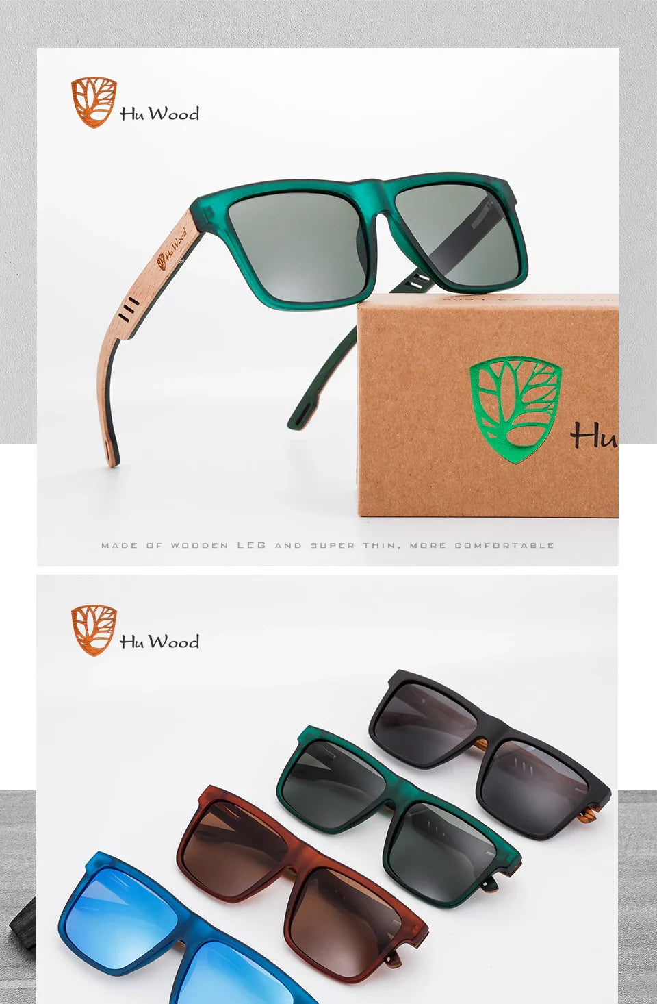 HU WOOD Square Polarized Sunglasses for Men — UV400 Fashion Sport & Driving Sun Glasses