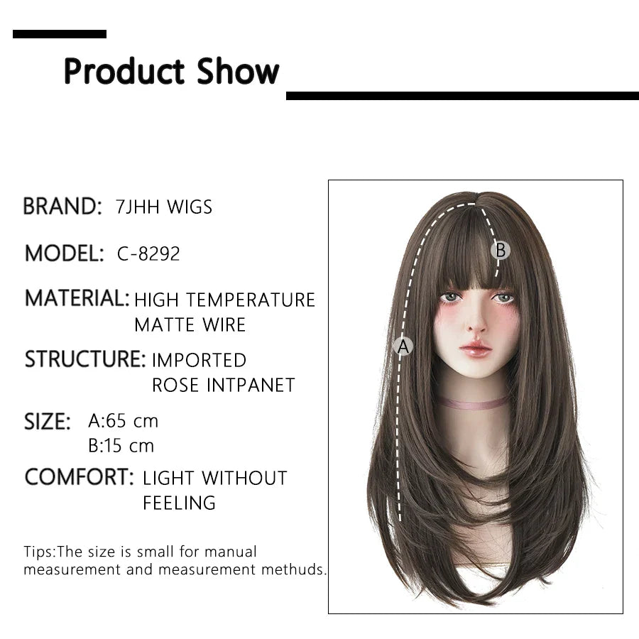 7JHHWIGS Long Straight Light Brown Synthetic Wig with Bangs – Heat-Resistant Daily Wear Wig for Women