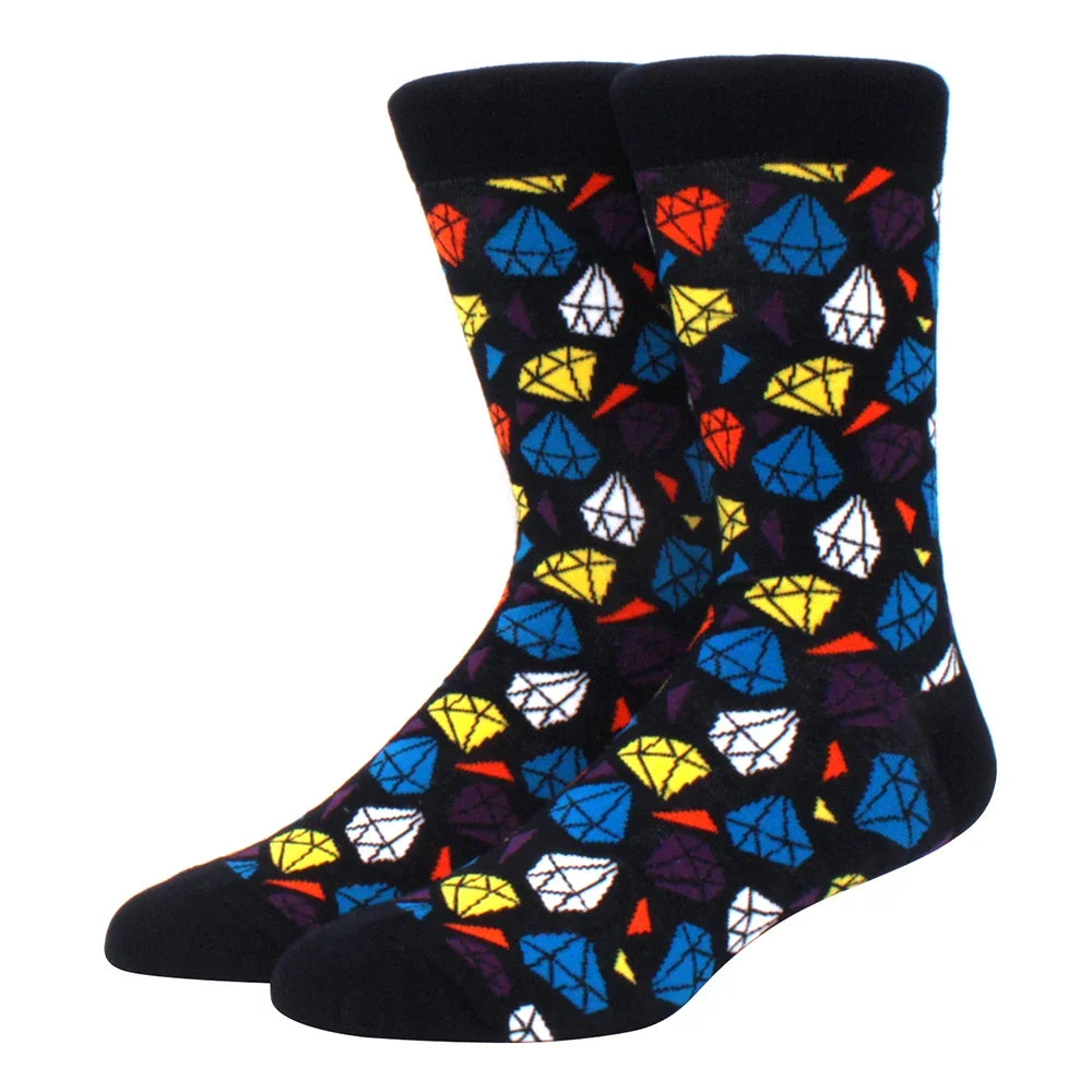 Men's Colorful Combed Cotton Jacquard Crew Socks - Striped Business Casual Dress Socks