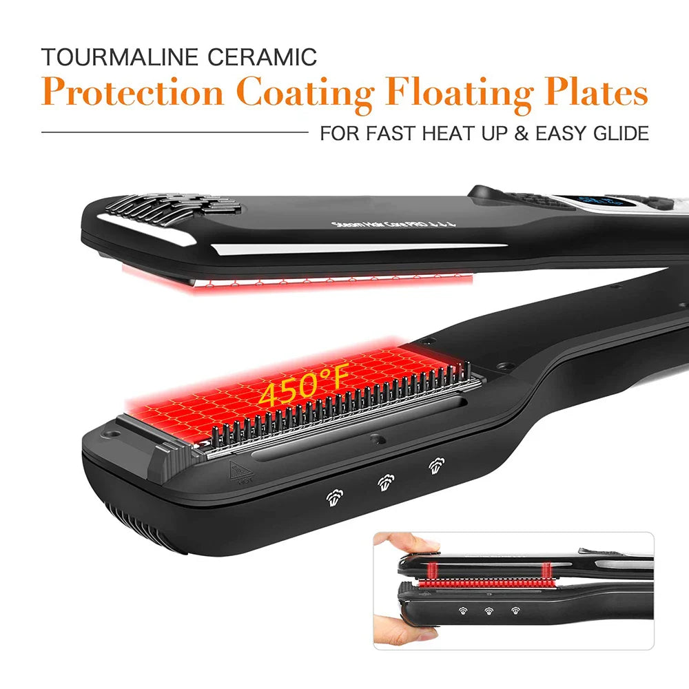 Professional Hair Straightener – Dual Voltage Titanium Curling Iron, Steam Flat Iron & Hot Hair Comb with Wide Plates