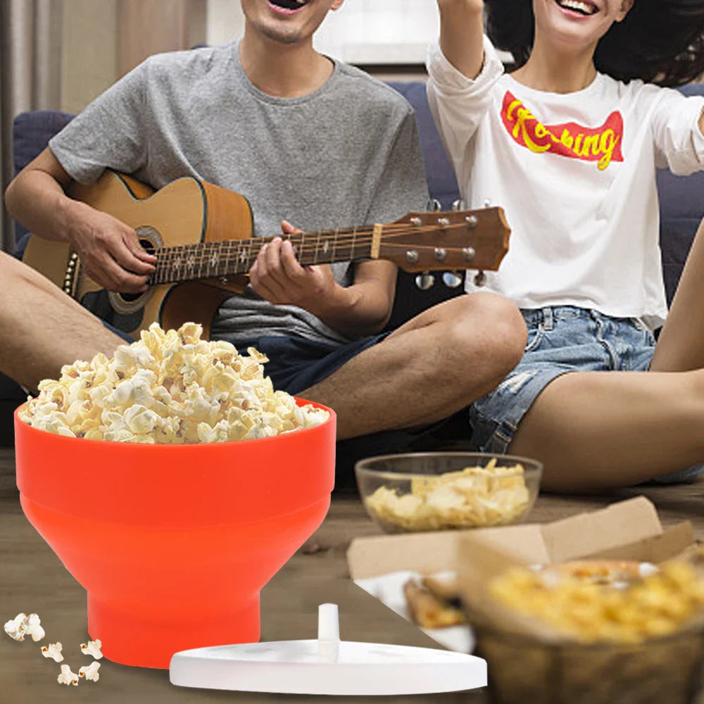 Red Silicone Microwave Popcorn Maker Bowl with Lid: DIY Popcorn Bucket, Chips, Fruit Dish - High-Quality Kitchen Easy Tools