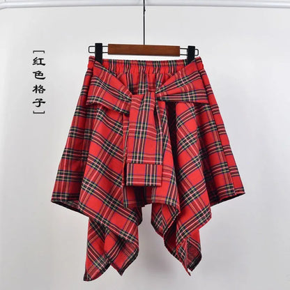 TOTRUST Women’s Fashion Asymmetrical Summer Plaid Mini Skirt – Casual College Style Fake Shirt Design