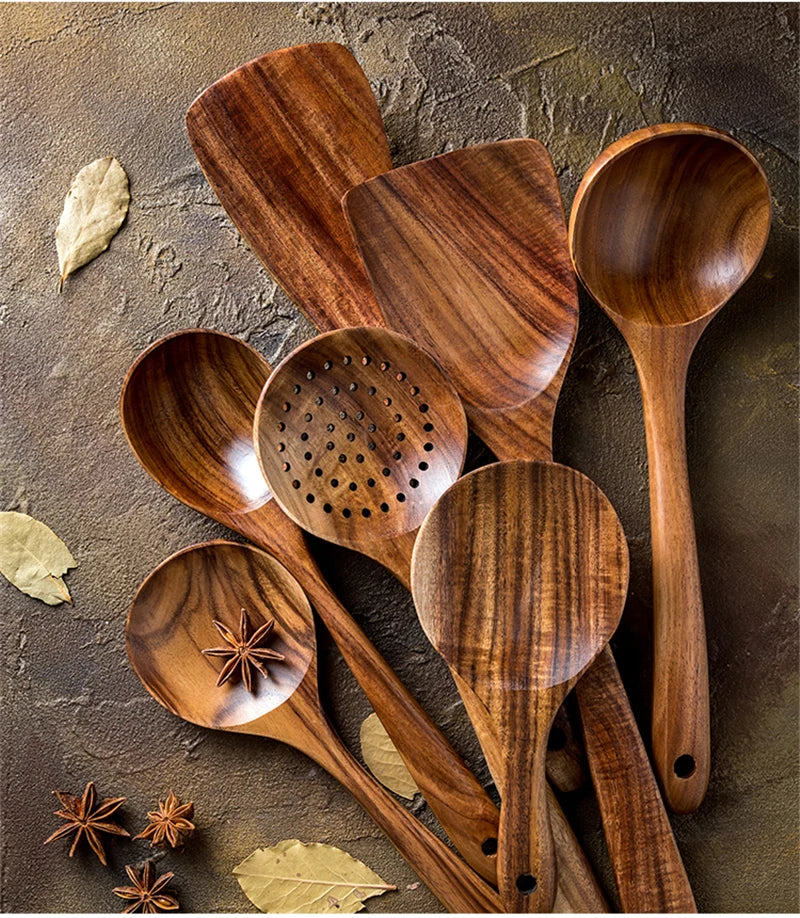 1-7pcs Teak Wood Tableware Set – Natural Wooden Spoons, Colander Spoon & Soup Skimmer Cooking Tool Kit