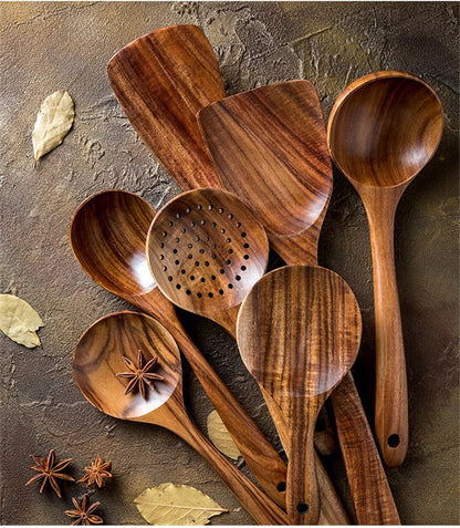 1-7pcs Teak Wood Tableware Set – Natural Wooden Spoons, Colander Spoon & Soup Skimmer Cooking Tool Kit