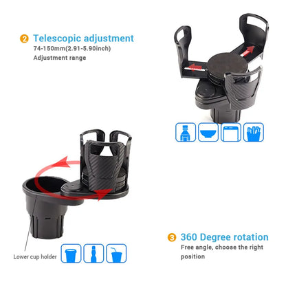 SEAMETAL 2-in-1 Car Cup Holder Expander : 360 Degree Adjustable Base Drink Holder - Anti-Shake Stable Auto Bottle Organizer