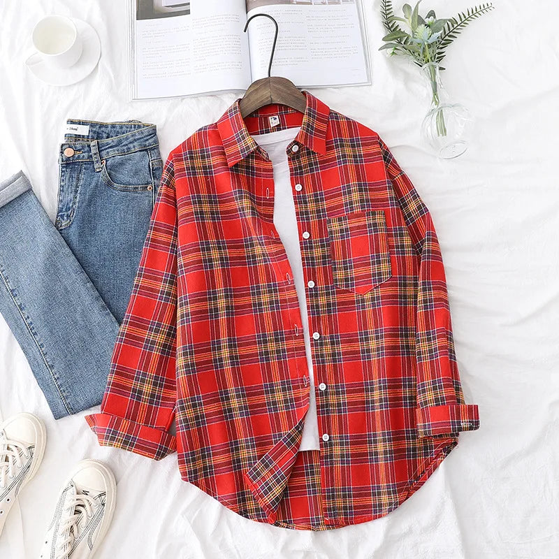 2025 Women’s Flannel Plaid Shirt – Casual Loose Cotton Long Sleeve Blouse, Designer Style Tops