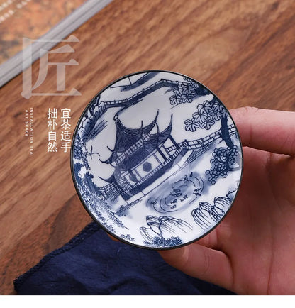 70ML Handmade Blue & White Porcelain Tea Cup – Dragon, Phoenix & Fish Pavilion Design for Chinese Kungfu Tea Ceremony