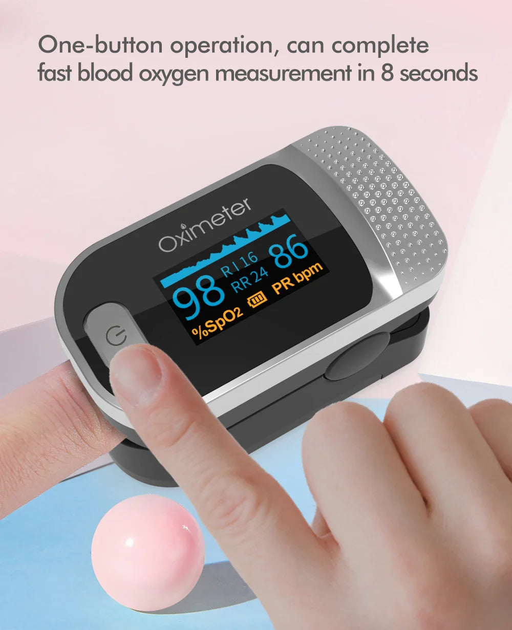 KIUZOU Finger Pulse Oximeter – SPO2, PR, PI, RR Blood Oxygen Saturation and Heart Rate Monitor with OLED Display