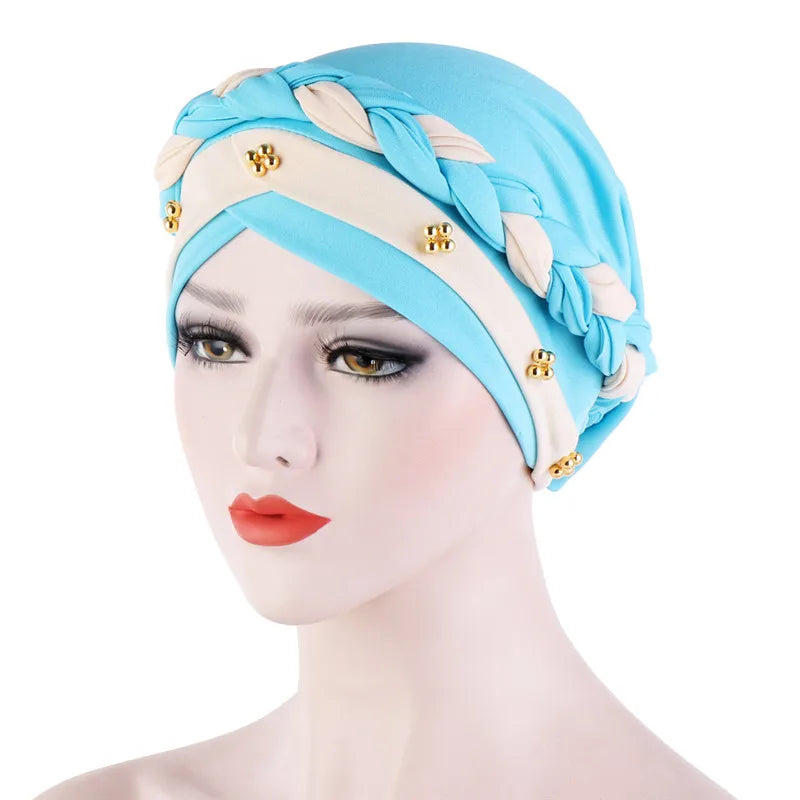 Women’s Cotton Head Scarf – Solid Turban Bonnet Hijab Cap with White Pearl Inner, Muslim Arab Wrap
