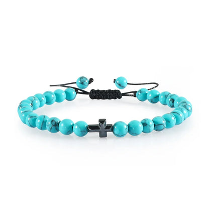 Natural Stone Bead Cross Bracelet - 6mm Braided Christian Prayer Jewelry with Jesus Charm for Men & Women