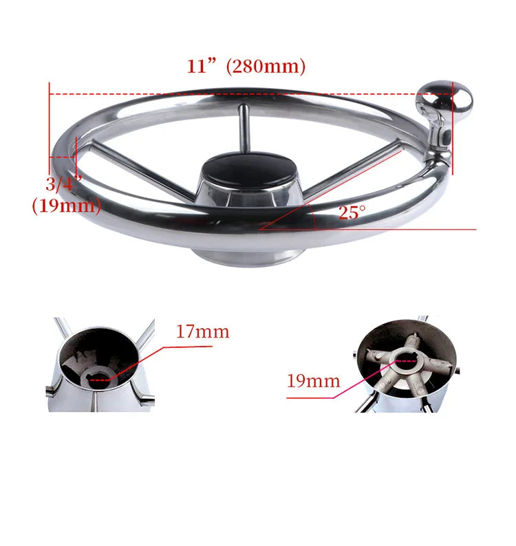 11" Stainless Steel 5-Spoke Boat Steering Wheel with Knob | 25° Marine Yacht Accessory