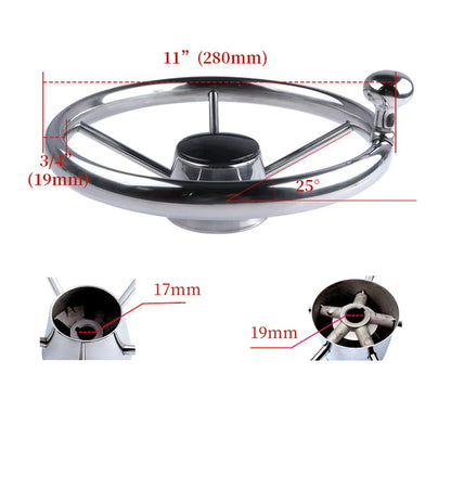 11" Stainless Steel 5-Spoke Boat Steering Wheel with Knob | 25° Marine Yacht Accessory