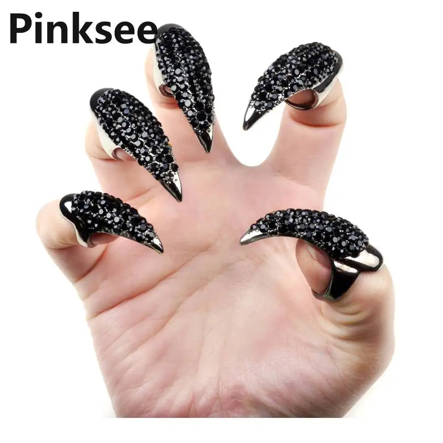 5PCS Crystal Nail Rings | Punk False Nail Jewelry with Rhinestones Claw/Talon Design, Unisex Wholesale Finger Rings