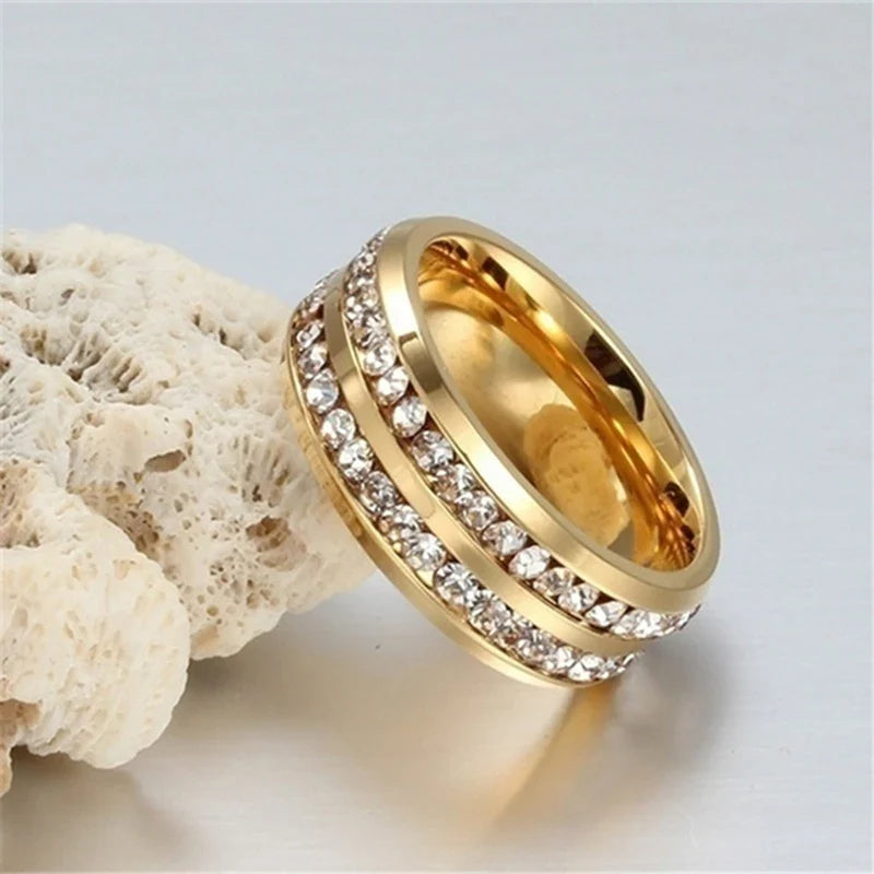 Couple CZ Crystal Rings Set - Marquise Cut Stainless Steel Love Rings with Two Row Zircon Design for Men & Women