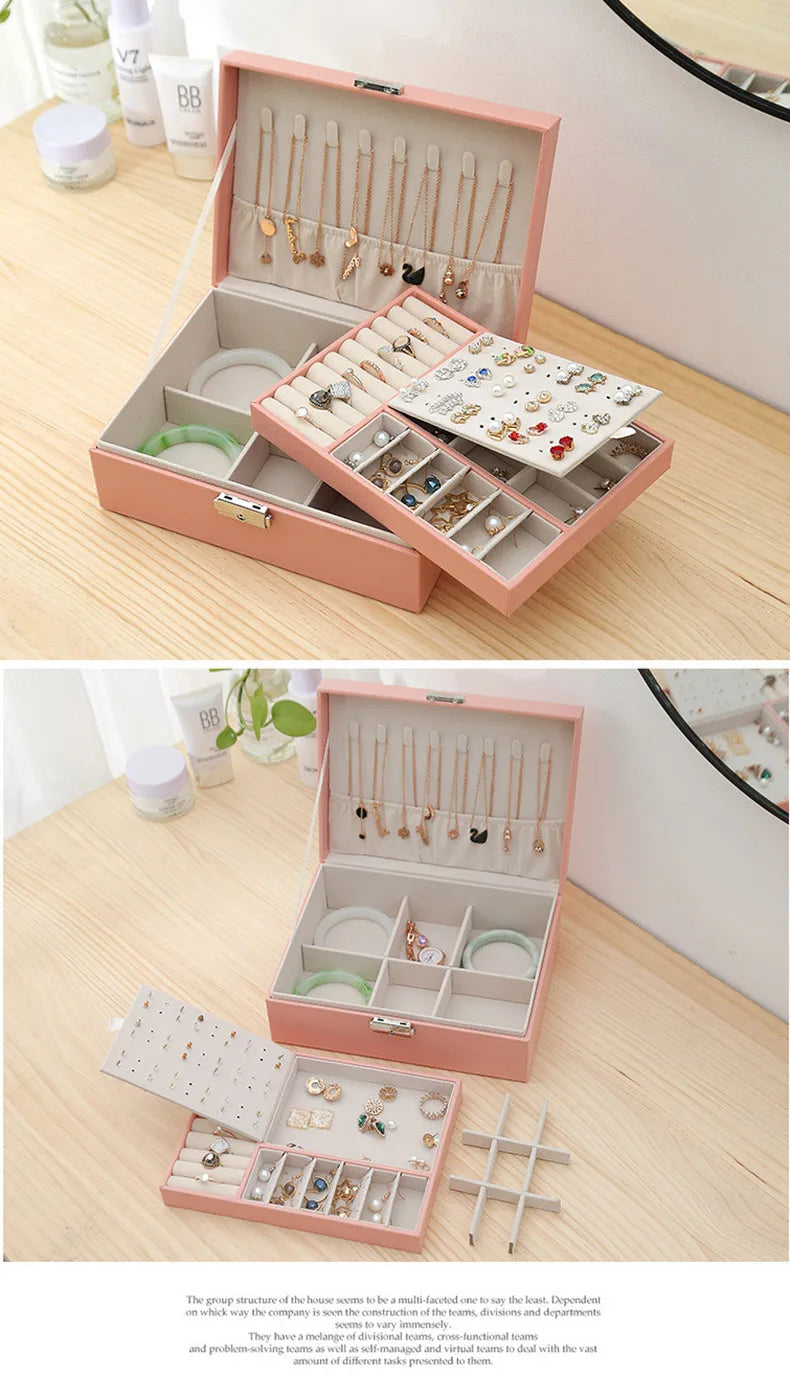 Double-Layer Wooden Jewelry Box – PU Leather Ring & Accessory Organizer with Storage and Makeup Case