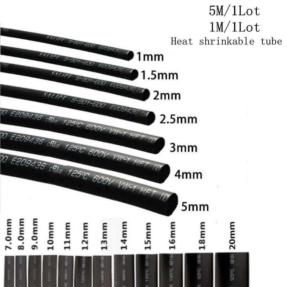5/1 Meter Black Heat Shrink Tubing - 1mm to 6mm Sizes for Electrical Insulation and Protection