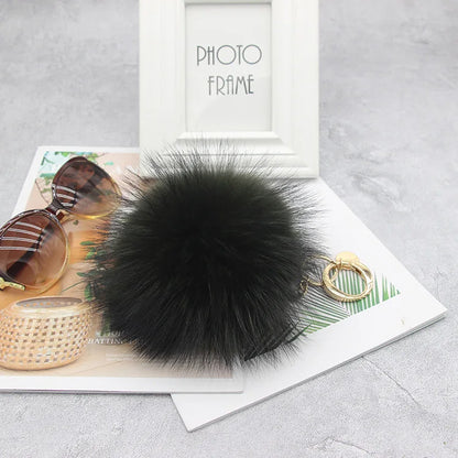 Luxury 15cm Fluffy Real Raccoon Fur Pom Pom Keychain – High-Quality Metal Ring Pendant for Women