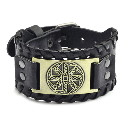 Totem Design Wide Leather Pirate Compass Bracelet - Men's Celtic Viking Jewelry, Party Gift Accessories