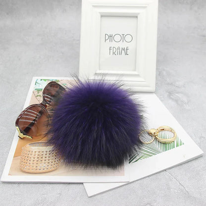 Luxury 15cm Fluffy Real Raccoon Fur Pom Pom Keychain – High-Quality Metal Ring Pendant for Women