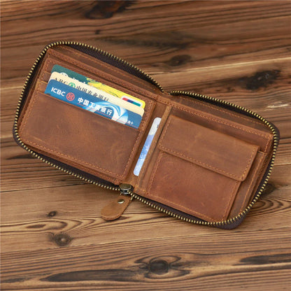 Men’s Genuine Leather Zipper Wallet – Compact Short Purse with Credit Card Slots, Cash & Coin Pocket