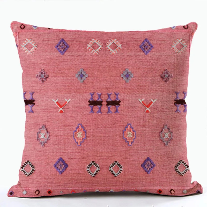 Bohemian Linen Cushion Cover – Multicolor Ethnic Geometric Pattern Decorative Pillow for Living Room Sofa
