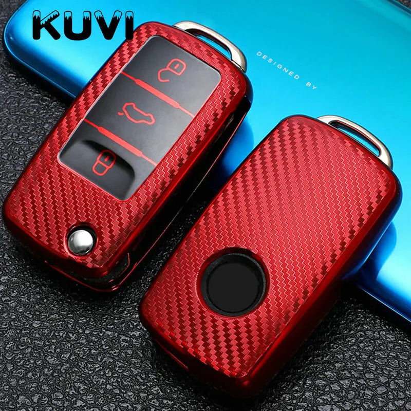 TPU Carbon Fiber Car Key Case Cover for VW & Skoda – Fits Polo, Tiguan, Passat B5 B6 B7, Golf 4 5 6 MK6, Jetta, Lavida, Octavia