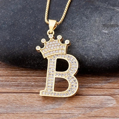 Nidin Luxury A-Z Crown Alphabet Pendant – Copper Zircon Initial Necklace Chain, Hip-Hop Style Jewelry for Men & Women