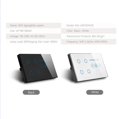 Tuya WiFi Smart Light Switch – 4 Gang Touch Panel, Fan Speed Dimmer, Power Metering, Alexa & Google Home Compatible