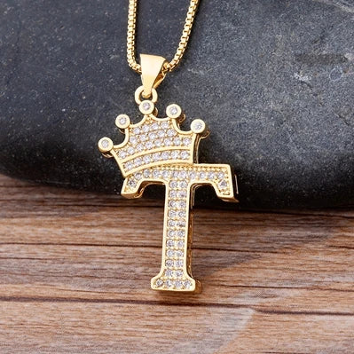 Nidin Luxury A-Z Crown Alphabet Pendant – Copper Zircon Initial Necklace Chain, Hip-Hop Style Jewelry for Men & Women