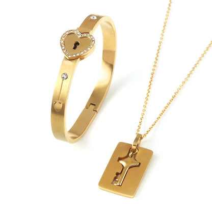 Couple Jewelry Set – Stainless Steel Love Heart Lock Bracelets & Key Pendant Necklace for Men & Women Gift