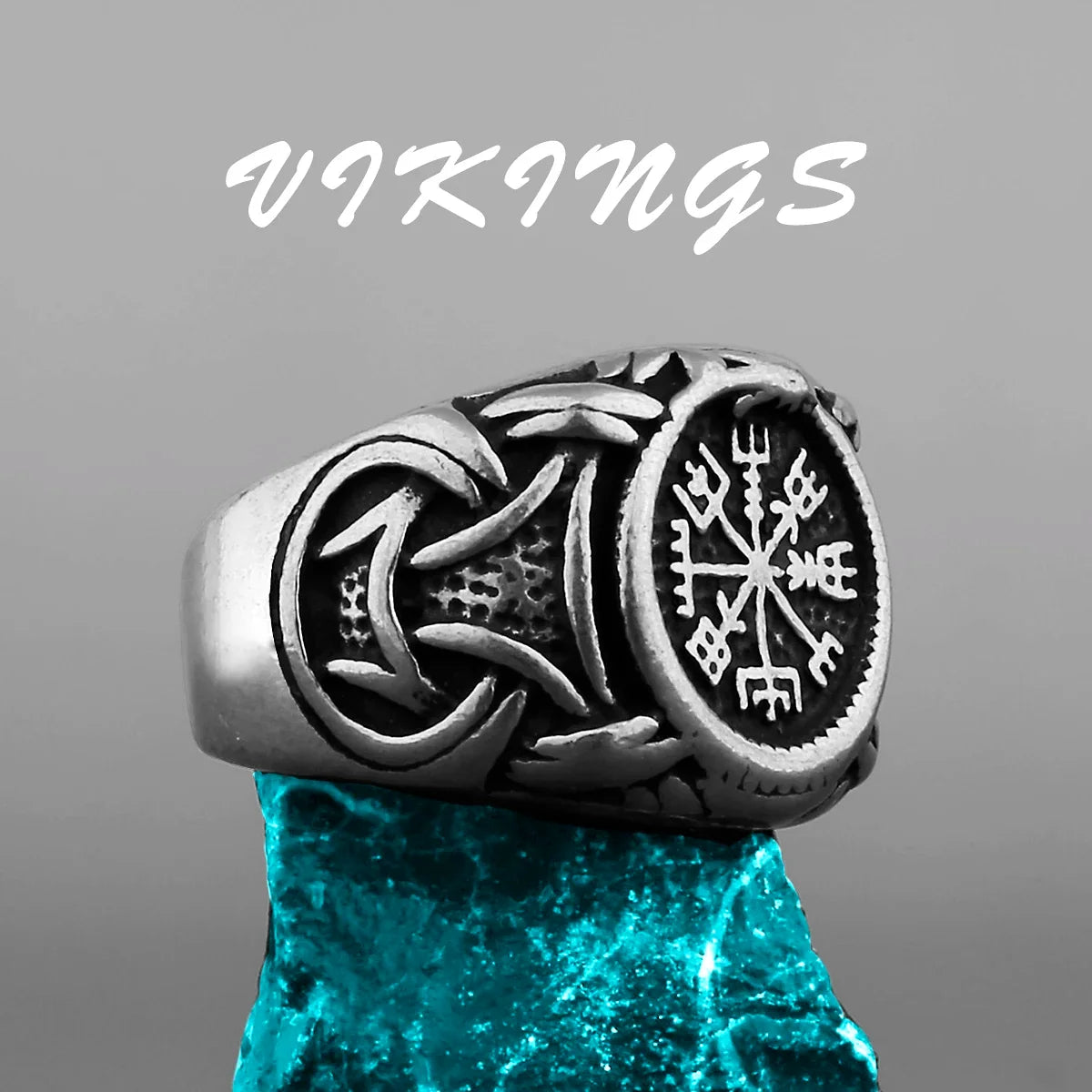 Nordic Viking Stainless Steel Ring - Compass Tree of Life Rune Wolf Amulet Jewelry for Men & Women