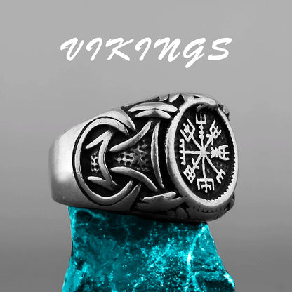 Nordic Viking Stainless Steel Ring - Compass Tree of Life Rune Wolf Amulet Jewelry for Men & Women